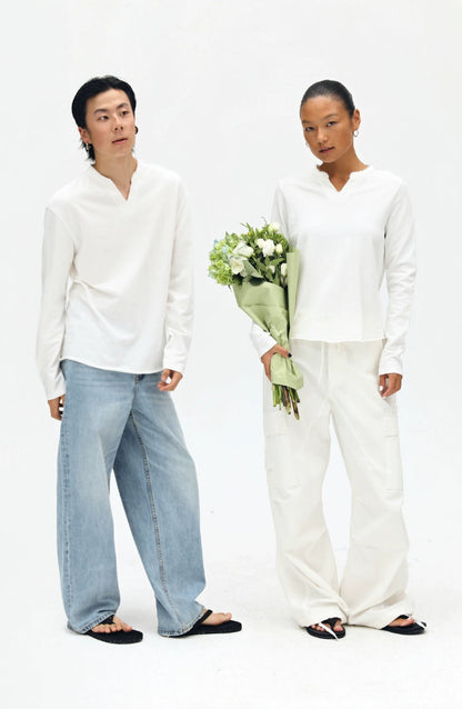Plain V-neck Long Sleeve T-shirt