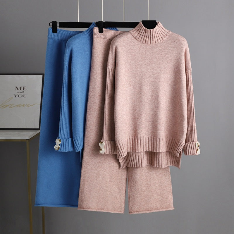 Autumn Winter Knitting Suit Semi-high Collar Sweater Thickened Outer Wear Loose Two Piece Set
