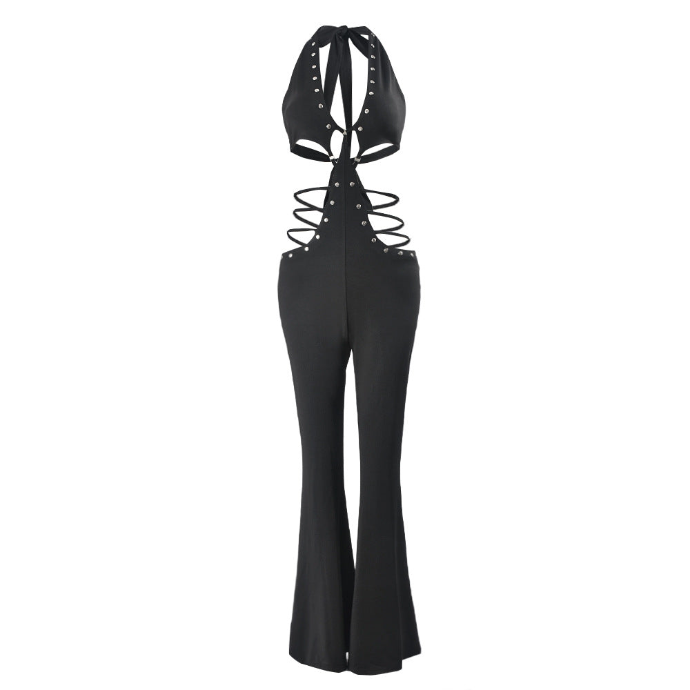 Popular Summer Sleeveless Lace Up Backless Slightly Flared Wide Leg Jumpsuit for