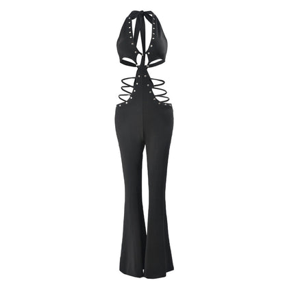 Popular Summer Sleeveless Lace Up Backless Slightly Flared Wide Leg Jumpsuit for