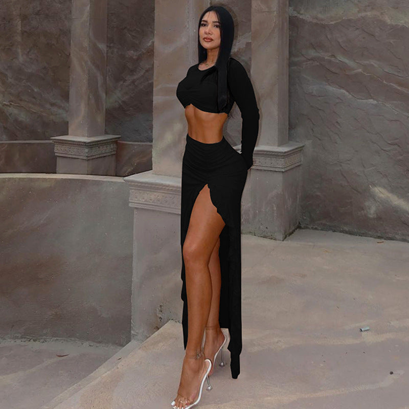 Clothing Winter Long Sleeve Mesh Double Layer Stitching Split Maxi Dress Two Piece Sets