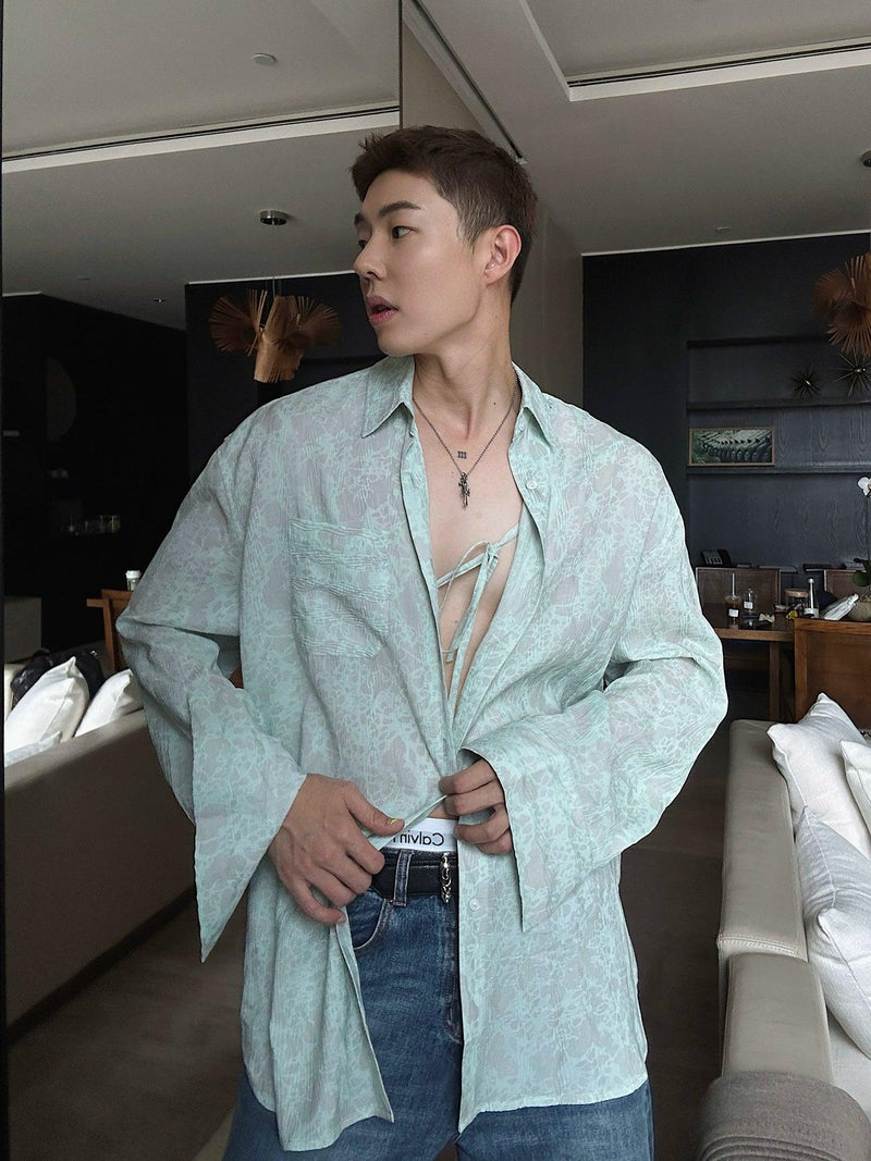 Weave Studio Mint Green Jacquard Oversized Shirt - Long Sleeve Button-up Blouse