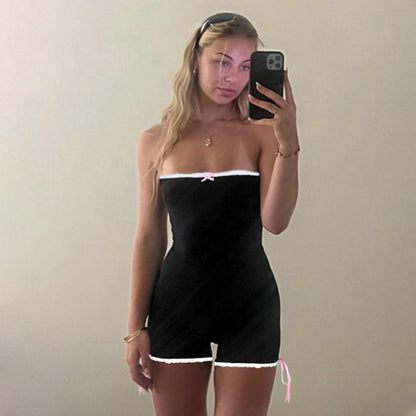 Summer Simplicity Bow Girl Lace Stitching Tube Top Jumpsuit Shorts