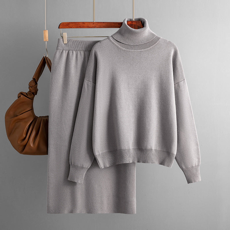 Color Turtleneck Sweater Sheath Skirt Two Piece Set Autumn Winter Knitting Suit