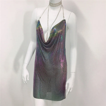Metallic Coated Fabric Clothing Metal Sequ Dress Sweet Spicy Dress Rhinestone Cami Dress