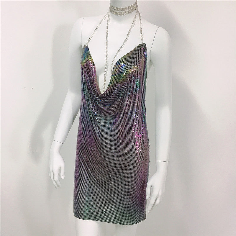 Metallic Coated Fabric Clothing Metal Sequ Dress Sweet Spicy Dress Rhinestone Cami Dress