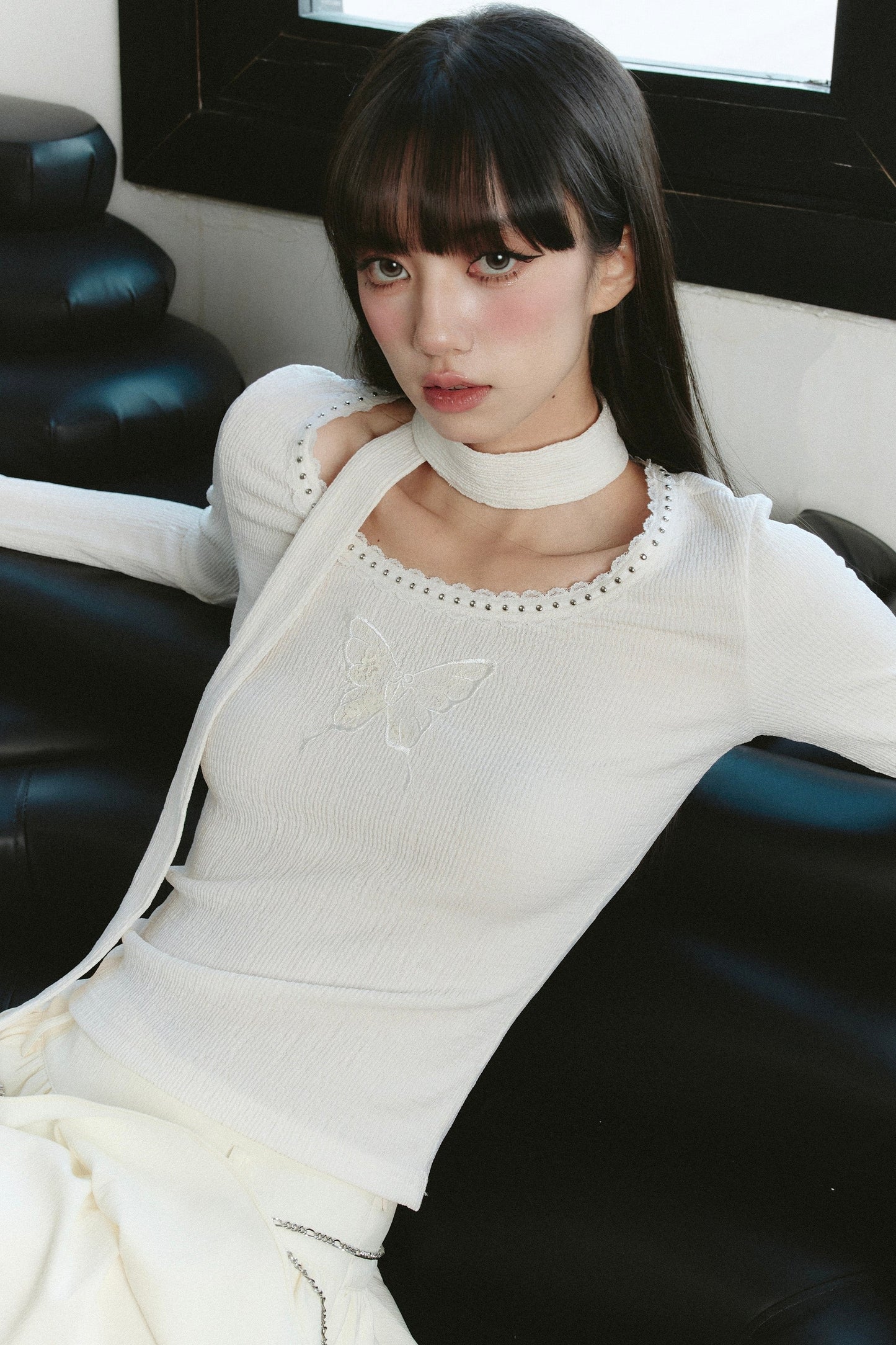 Ethereal Ivory Ensemble: Asymmetric Ruffled Midi Skirt & Choker-neck Fitted Sweater Set