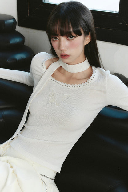 Ethereal Ivory Ensemble: Asymmetric Ruffled Midi Skirt & Choker-neck Fitted Sweater Set