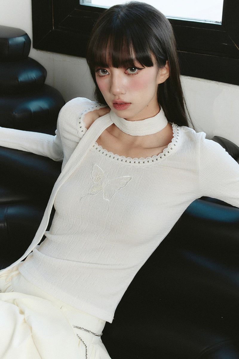 Ethereal Ivory Ensemble: Asymmetric Ruffled Midi Skirt & Choker-neck Fitted Sweater Set