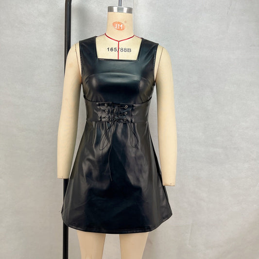 Clothing Faux Leather Waist Square Collar Color Lace Up Slimming Sleeveless Mini Dress
