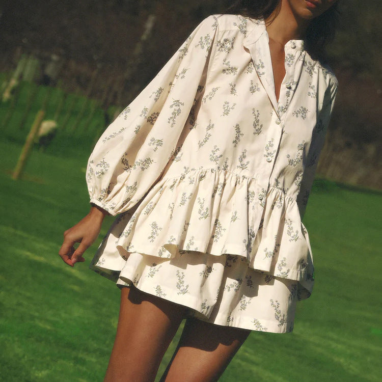 French Classic Skirt Puff Sleeve Small Turtleneck Ruffled Puffy Shirt Printed Shorts Suit