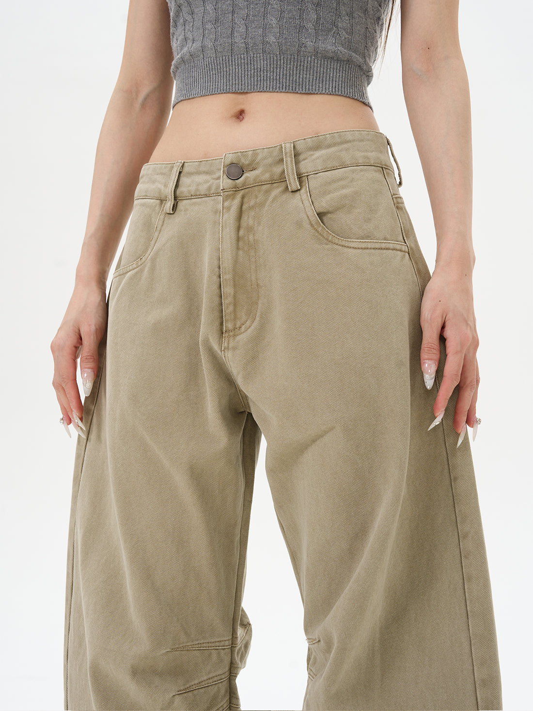 Khaki High-waist Wide-leg Canvas Pants
