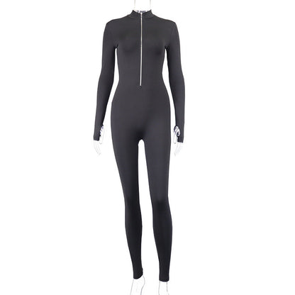 Trousers Clothing Color High Waist Slim Long Sleeve Zipped Stand Collar Jumpsuit