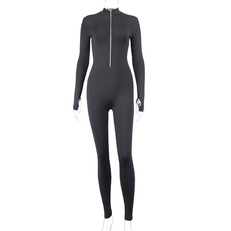 Trousers Clothing Color High Waist Slim Long Sleeve Zipped Stand Collar Jumpsuit
