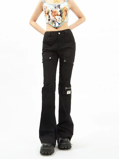 Black Flared Cargo Pants With Multiple Pockets
