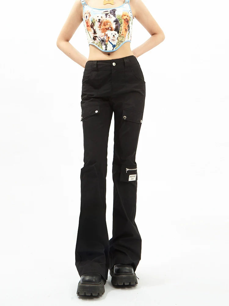 Black Flared Cargo Pants With Multiple Pockets