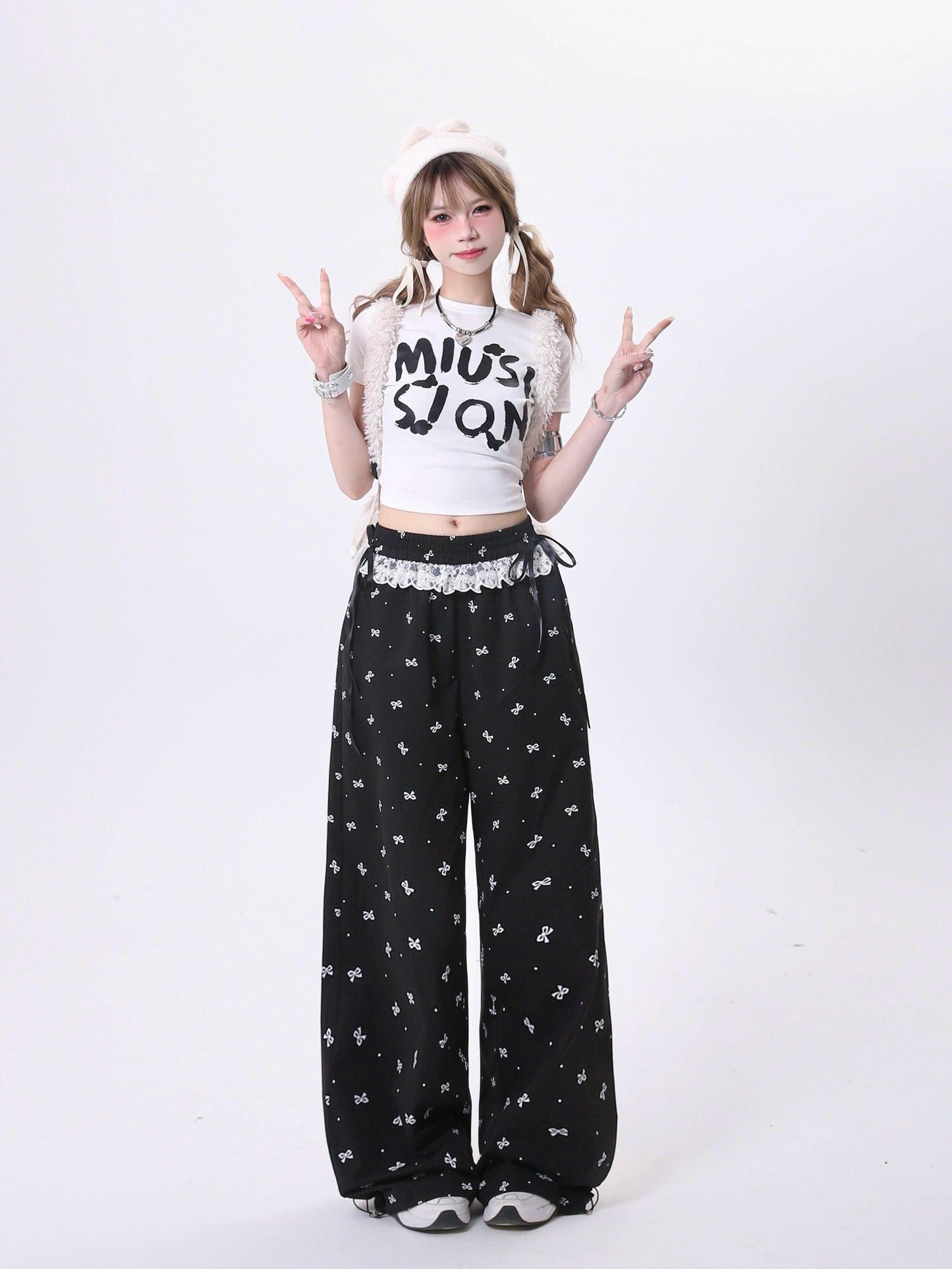 Rayohopp Bow-print Wide-leg Palazzo Pants - Drawstring Waist Lounge Trousers With Lace Trim
