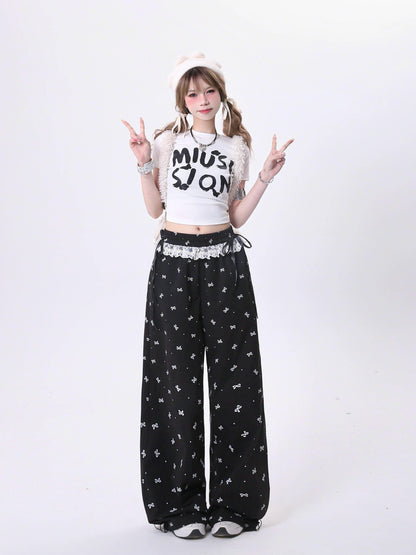 Rayohopp Bow-print Wide-leg Palazzo Pants - Drawstring Waist Lounge Trousers With Lace Trim