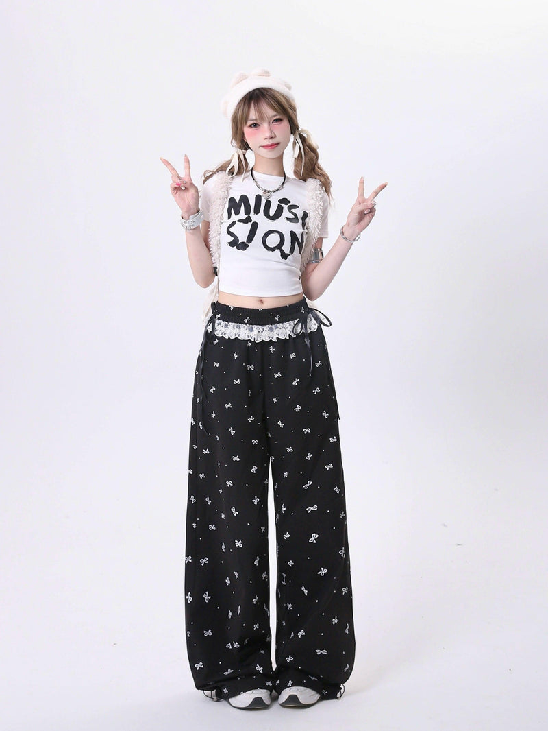 Rayohopp Bow-print Wide-leg Palazzo Pants - Drawstring Waist Lounge Trousers With Lace Trim