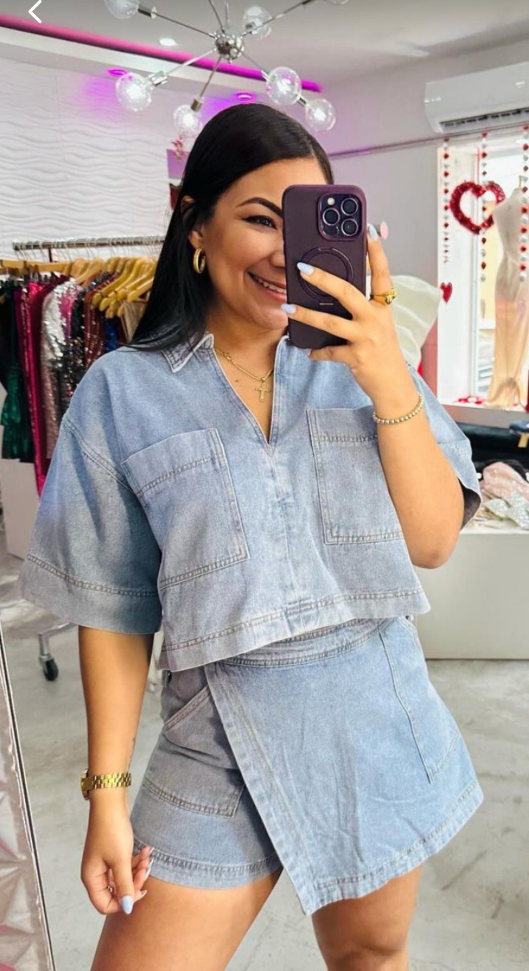 Comfort Denim Summer Loose Slimming Polo Short Sleeve Shirt Irregular Asymmetric Pantskirt Two Piece Set