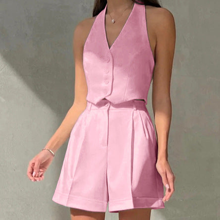 Spring Summer Office Sleeveless V Neck Halter Pants Set Two Piece Set