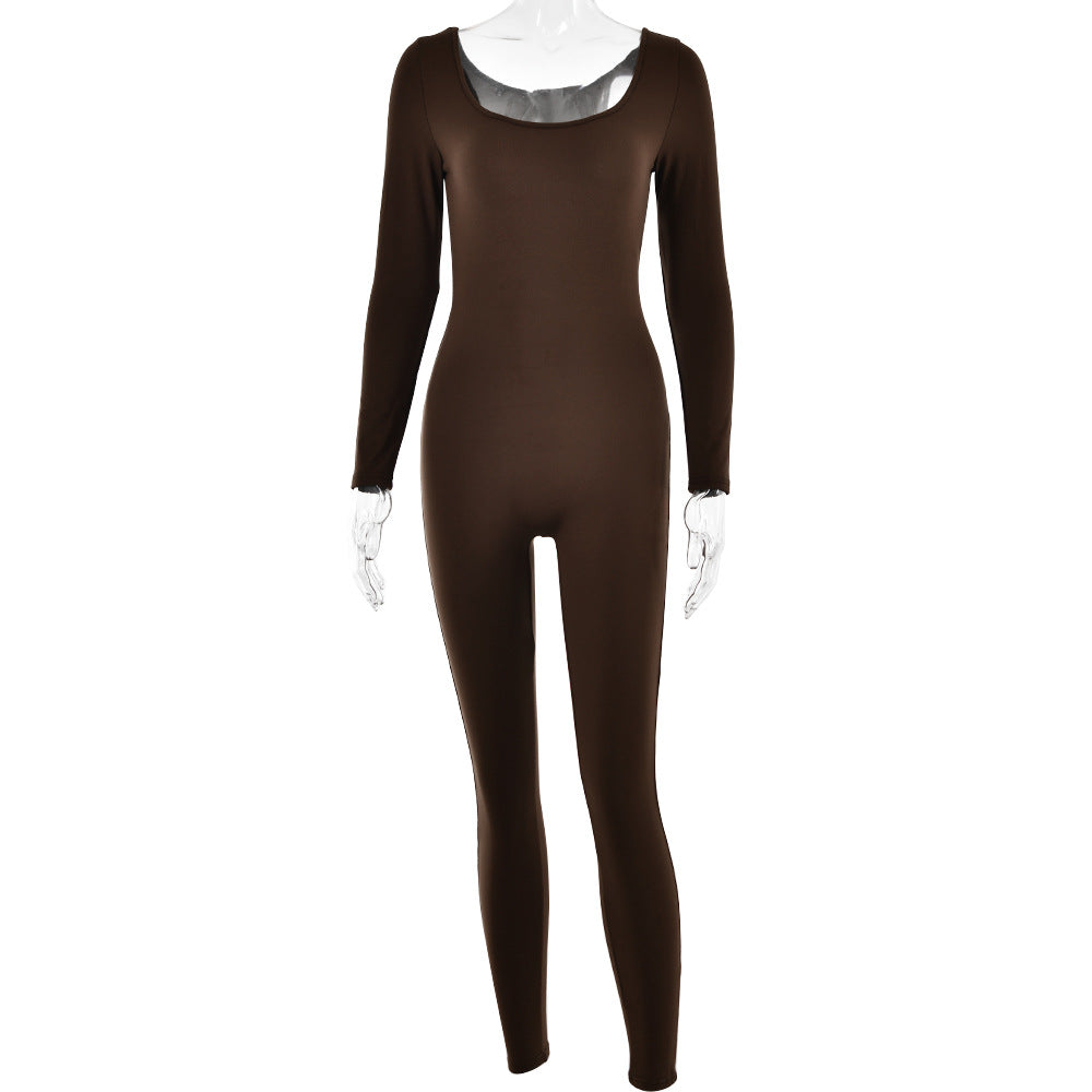 Soft High Elastic Long Sleeve Tights U Collar Stitching Trousers Jumpsuit
