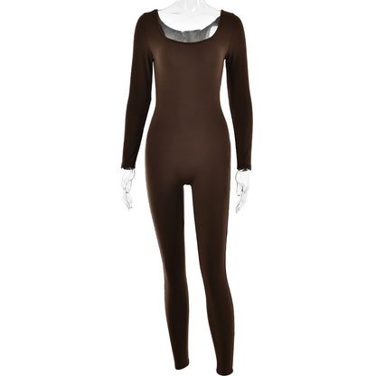 Soft High Elastic Long Sleeve Tights U Collar Stitching Trousers Jumpsuit