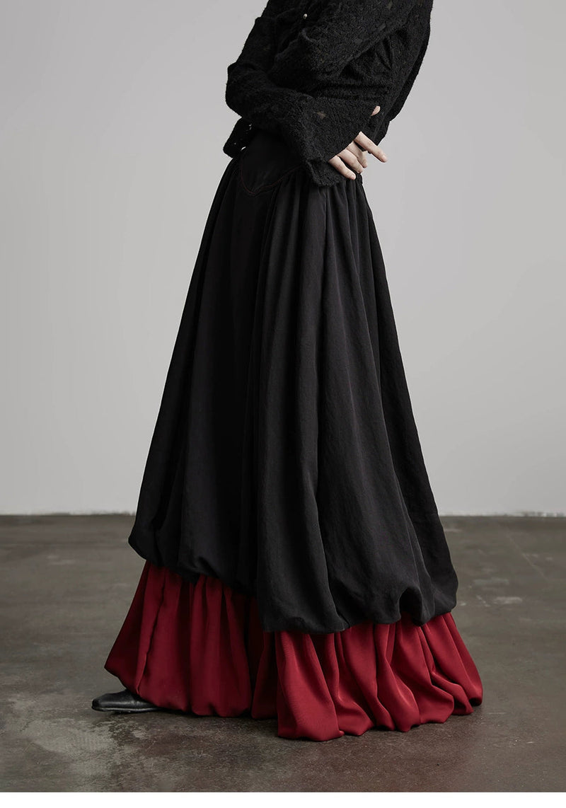 Black Patchwork Faux Two-piece A-line Skirt