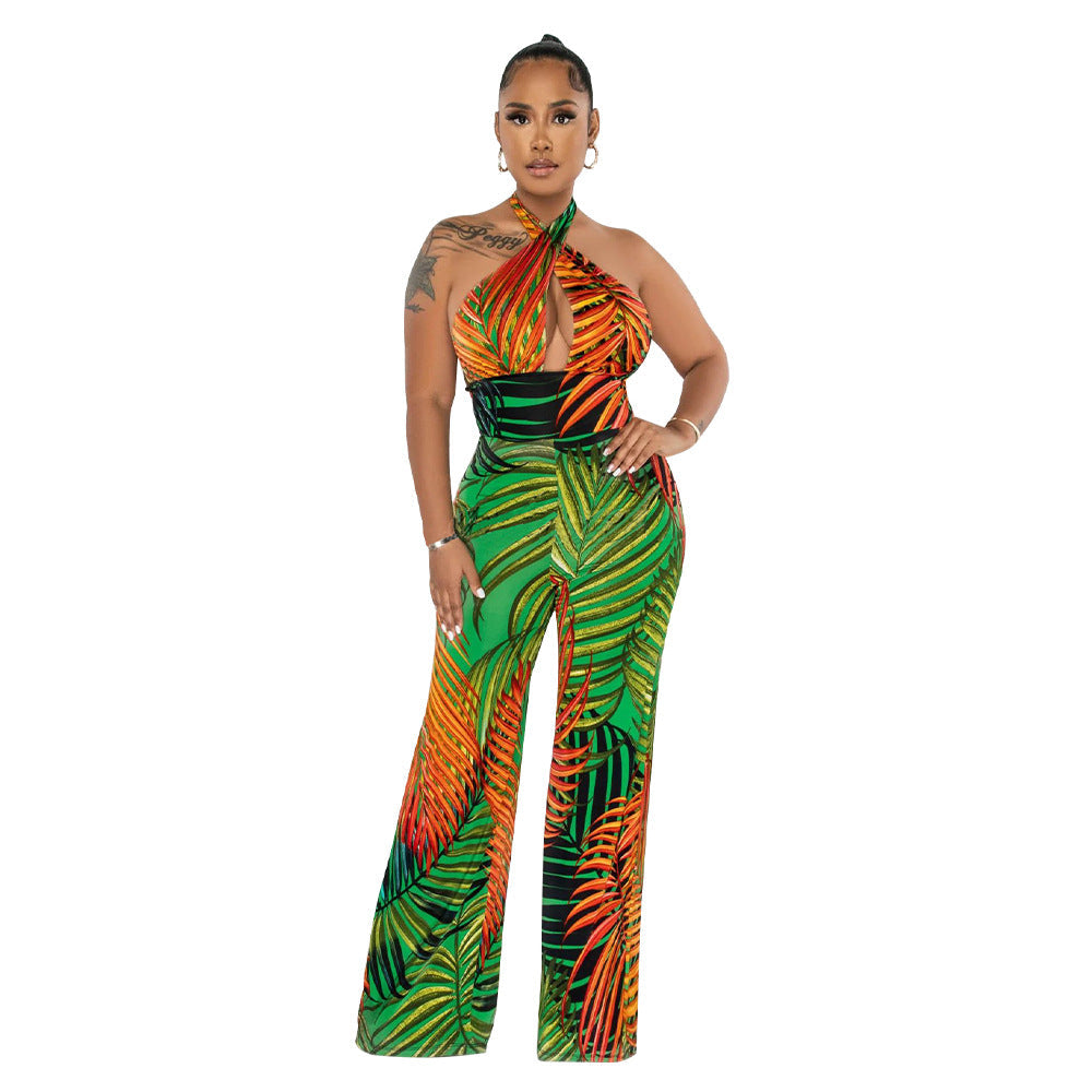 Clothing Sleeveless Backless Lace Up Printed Jumpsuit