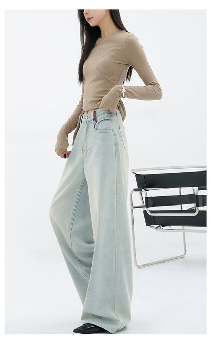 Light Blue Loose Straight Wide-leg Denim Pants With Embroidery Design