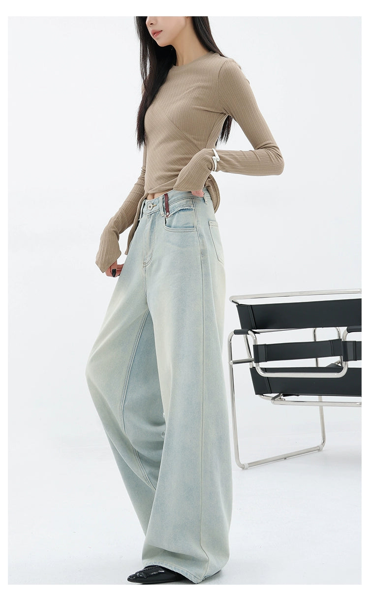 Light Blue Loose Straight Wide-leg Denim Pants With Embroidery Design
