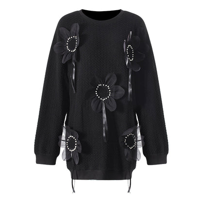 Mid Length Autumn Winter Color Three Dimensional Beaded Loose Outer Wear Sweatshirt