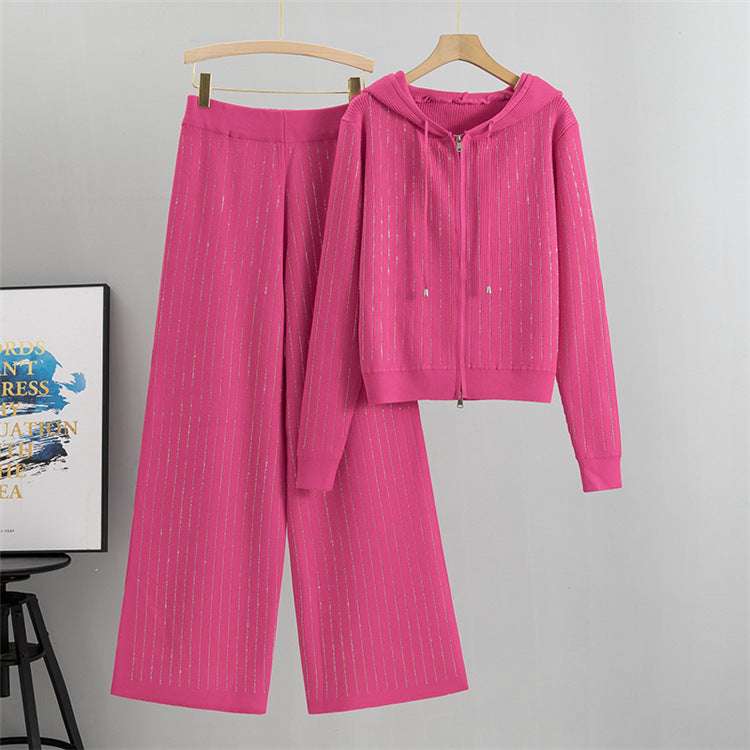 Rose Red - Loose Rhinestone Cardigan Two Piece Set