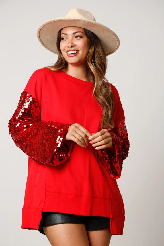 Autumn Winter Christmas Sequined Sleeve Top Stitching Long Sleeve Sweatshirt