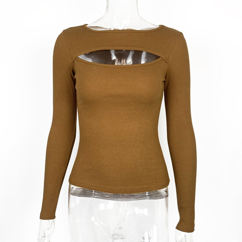 Clothing Autumn Winter Chest Hollow-out Long-sleeved Top Stretch Rib T-shirt for