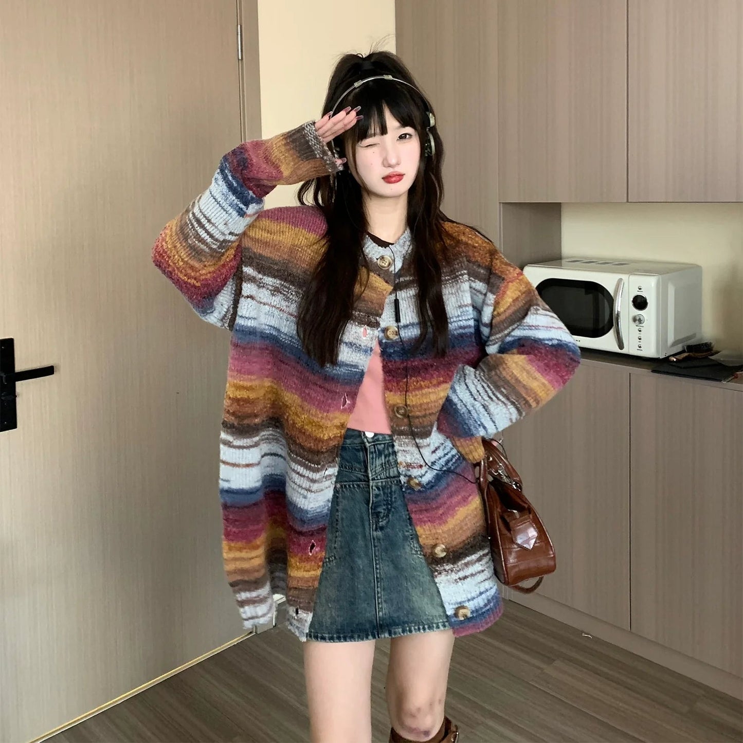 Oversized Fuzzy Striped Button-up Cardigan