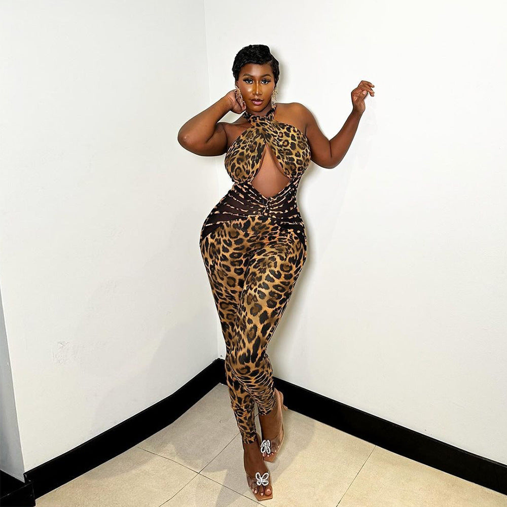 Clothing Summer Mesh Stitching Leopard Print Backless Jumpsuit