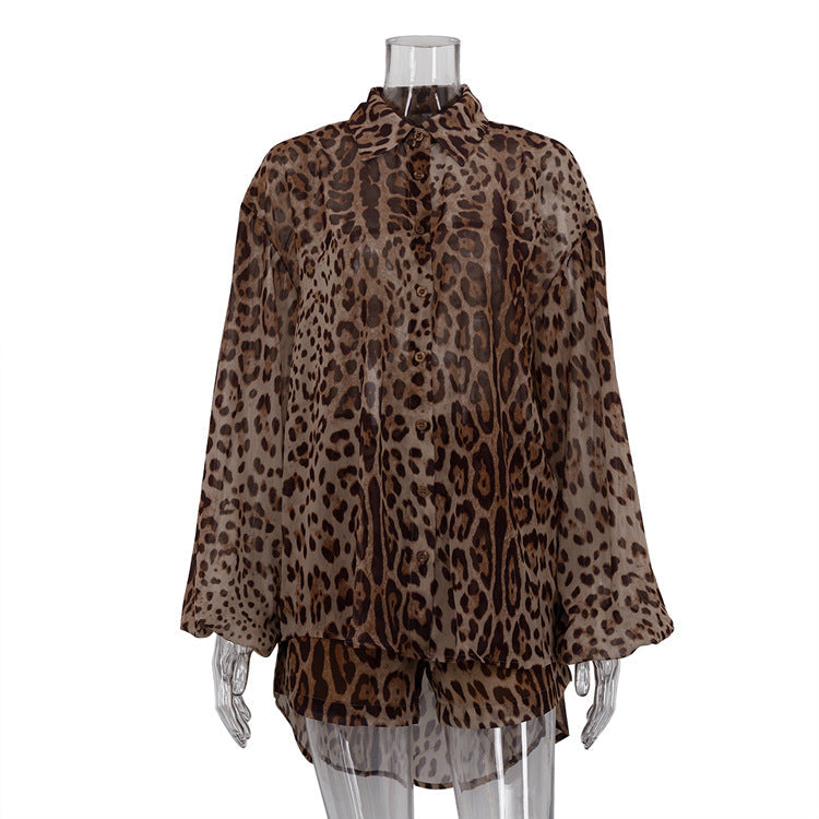 Vacation Summer Leopard Print Loose Outfit See Through Long Sleeves Shirt Shorts Two Piece Set