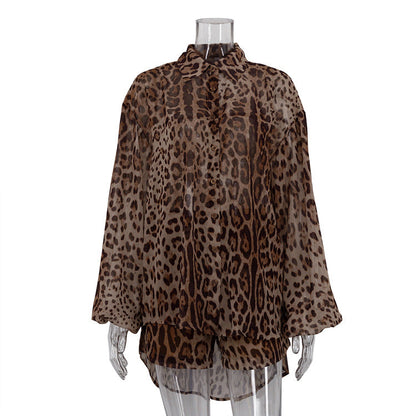 Vacation Summer Leopard Print Loose Outfit See Through Long Sleeves Shirt Shorts Two Piece Set