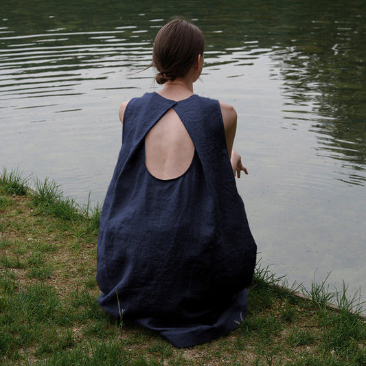 Cotton Linen Maxi Dress Summer French Pastoral Sleeveless Backless Hollow Out Cutout Niche Loose Maxi Dress