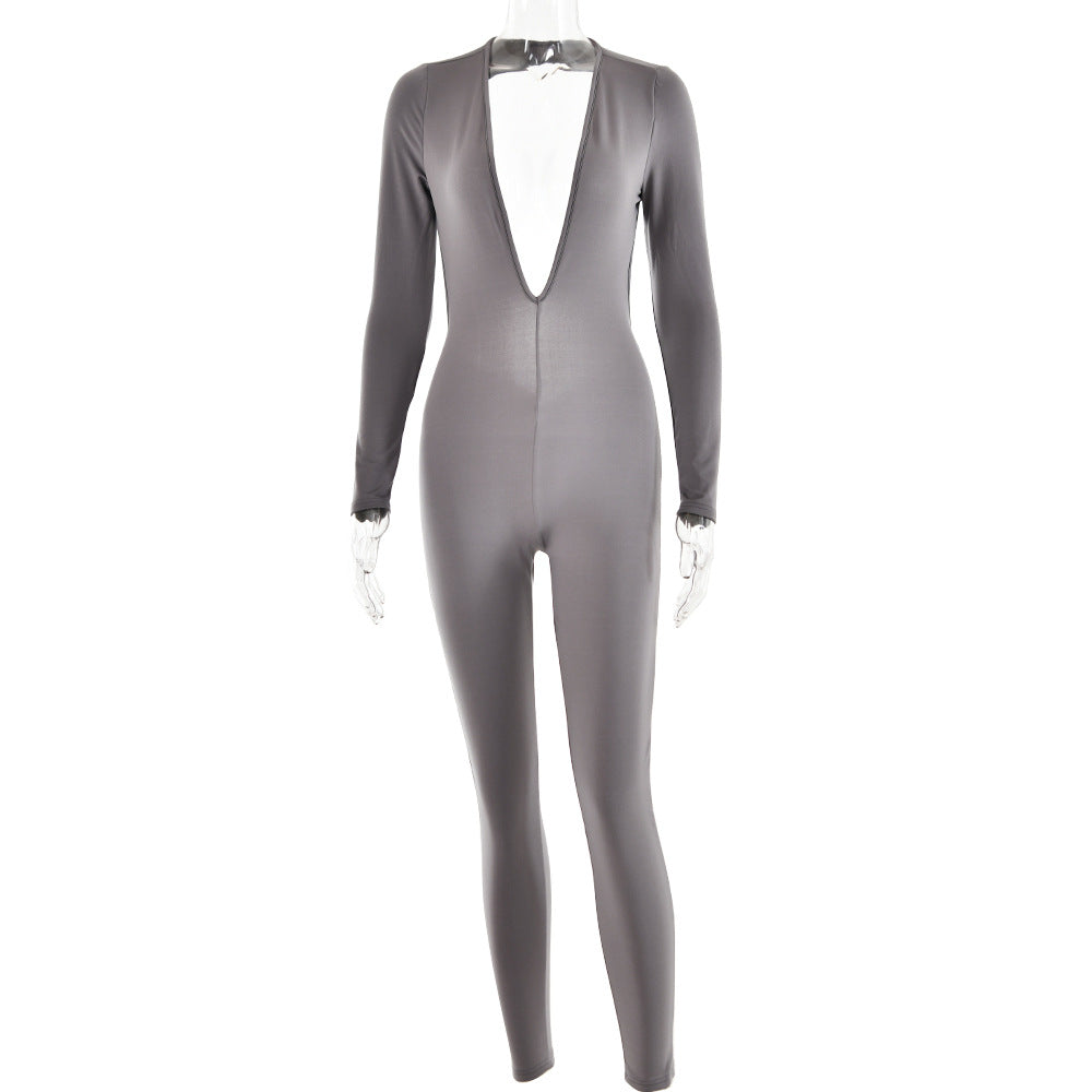Autumn Deep V Plunge Neck Long Sleeved Leggings Backless Tight Jumpsuit