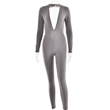 Autumn Deep V Plunge Neck Long Sleeved Leggings Backless Tight Jumpsuit