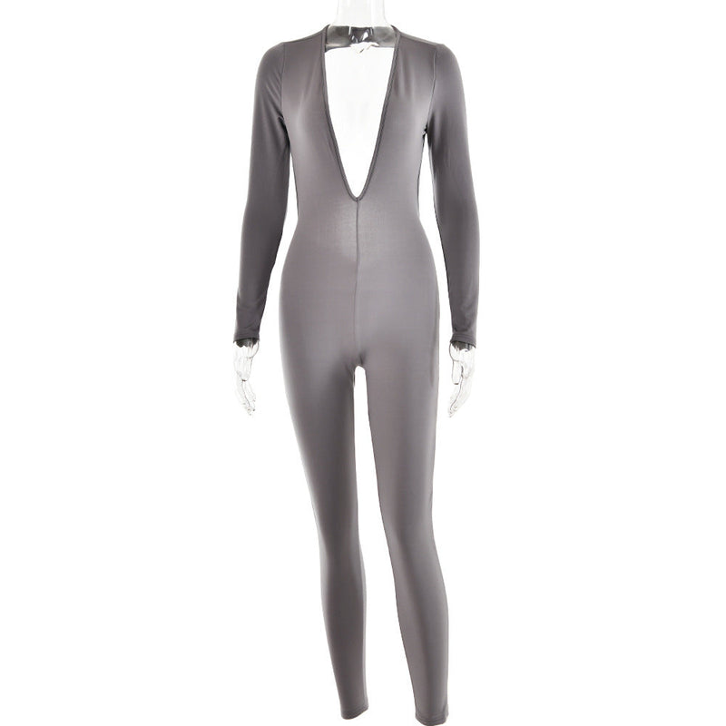 Autumn Deep V Plunge Neck Long Sleeved Leggings Backless Tight Jumpsuit