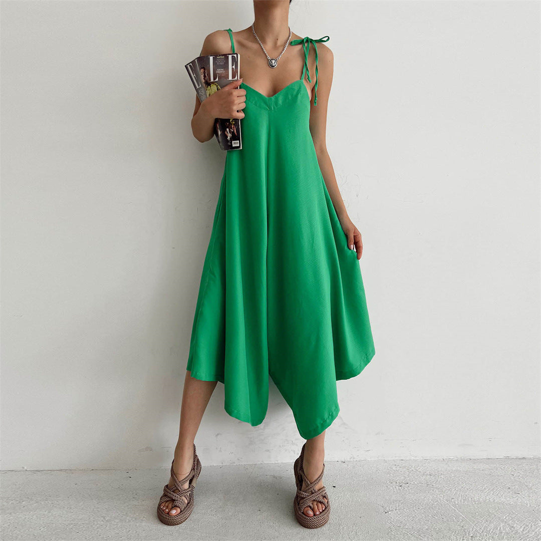 Summer Color Overalls Loose Fitting Wide Leg Trousers Sling Backless Sleeveless Jumpsuit