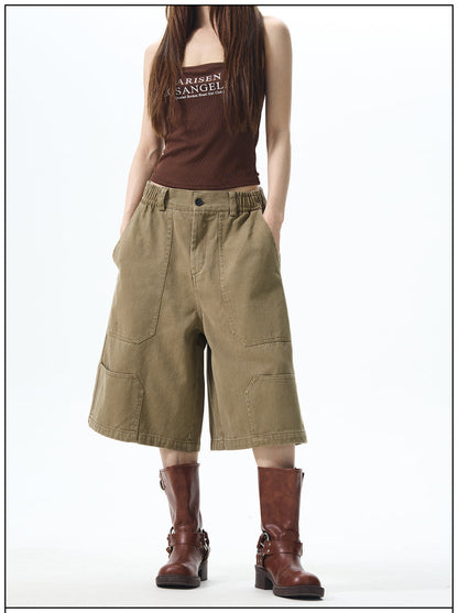 Khaki Wide-leg Cargo Shorts