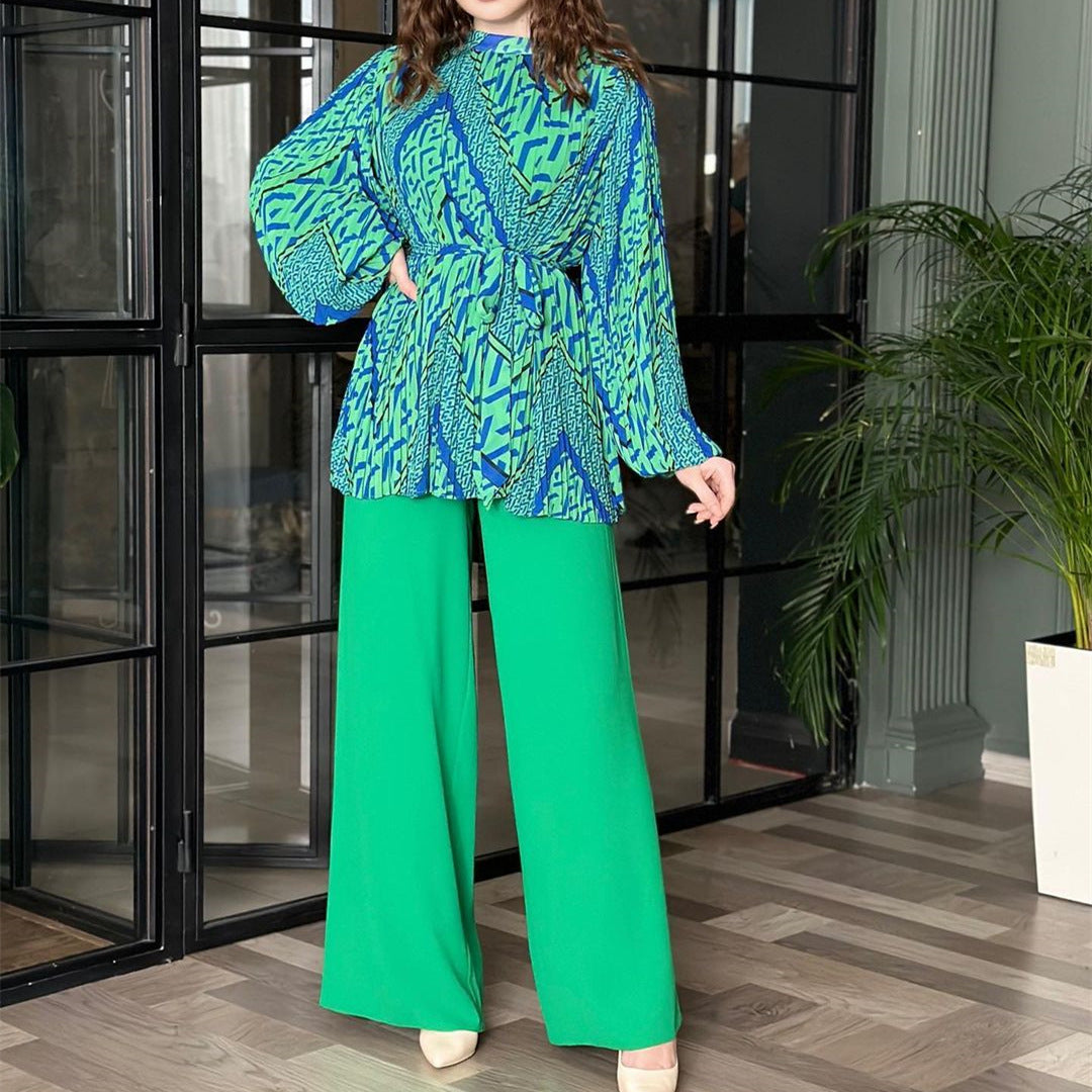 Clothing Autumn Pleated Graceful Puff Sleeve Shirt High Waist Wide Leg Pants Set