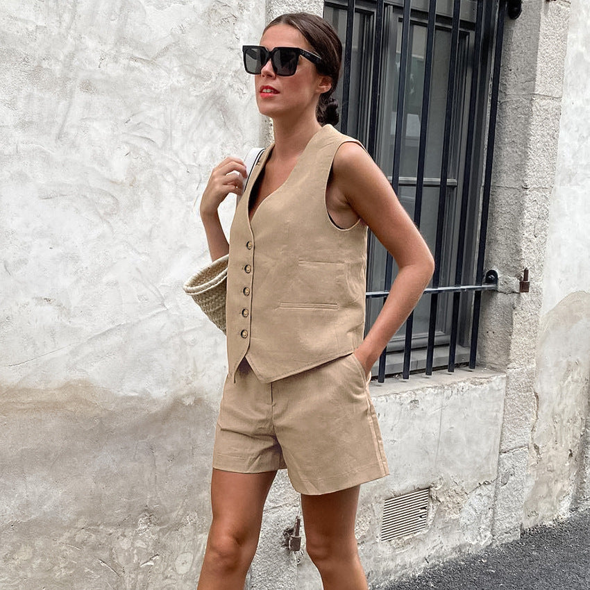 Summer Office Vest Khaki V Neck Sleeveless Shorts Set for