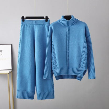 Turtleneck Pullover Thickened Knitting Sweater Set Autumn Winter Loose Idle Wide Leg Pants Two Piece Set