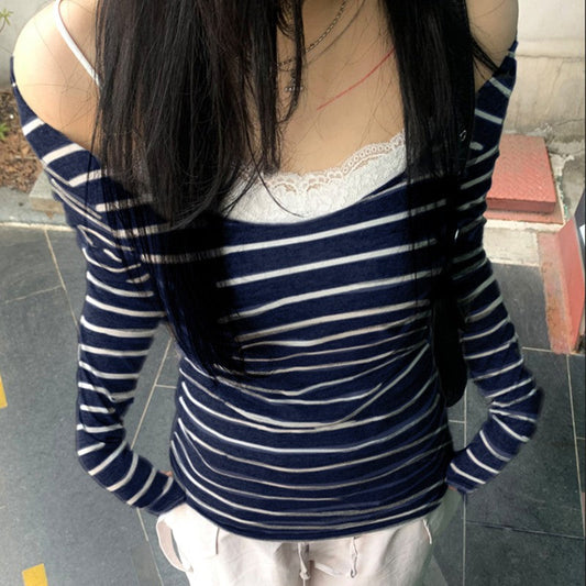 Off Shoulder Striped Lightweight Slim Fit Long Sleeve Blouse Off Shoulder Simple All Match Slim Fit Shirt