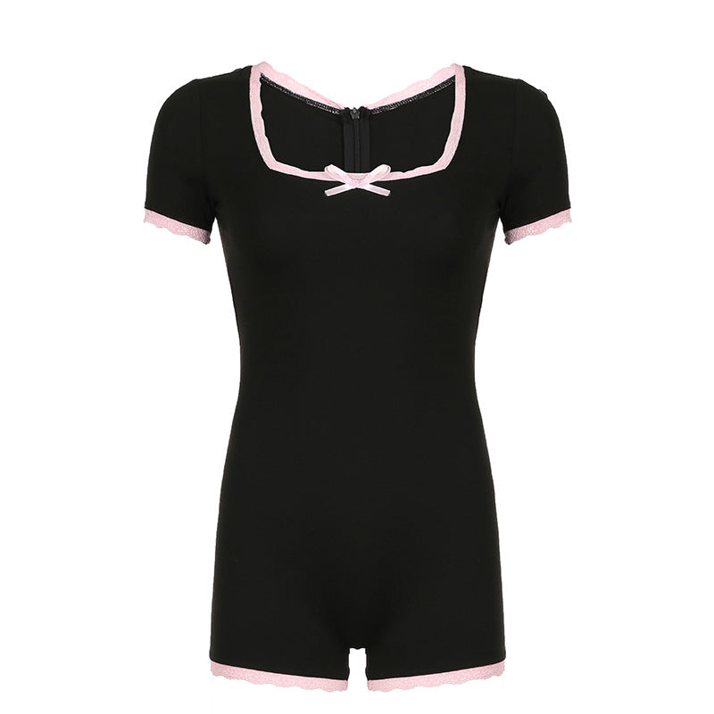 Summer Bow Contrast Color Lace Stitching Square Collar Girl Tight Jumpsuit Shorts